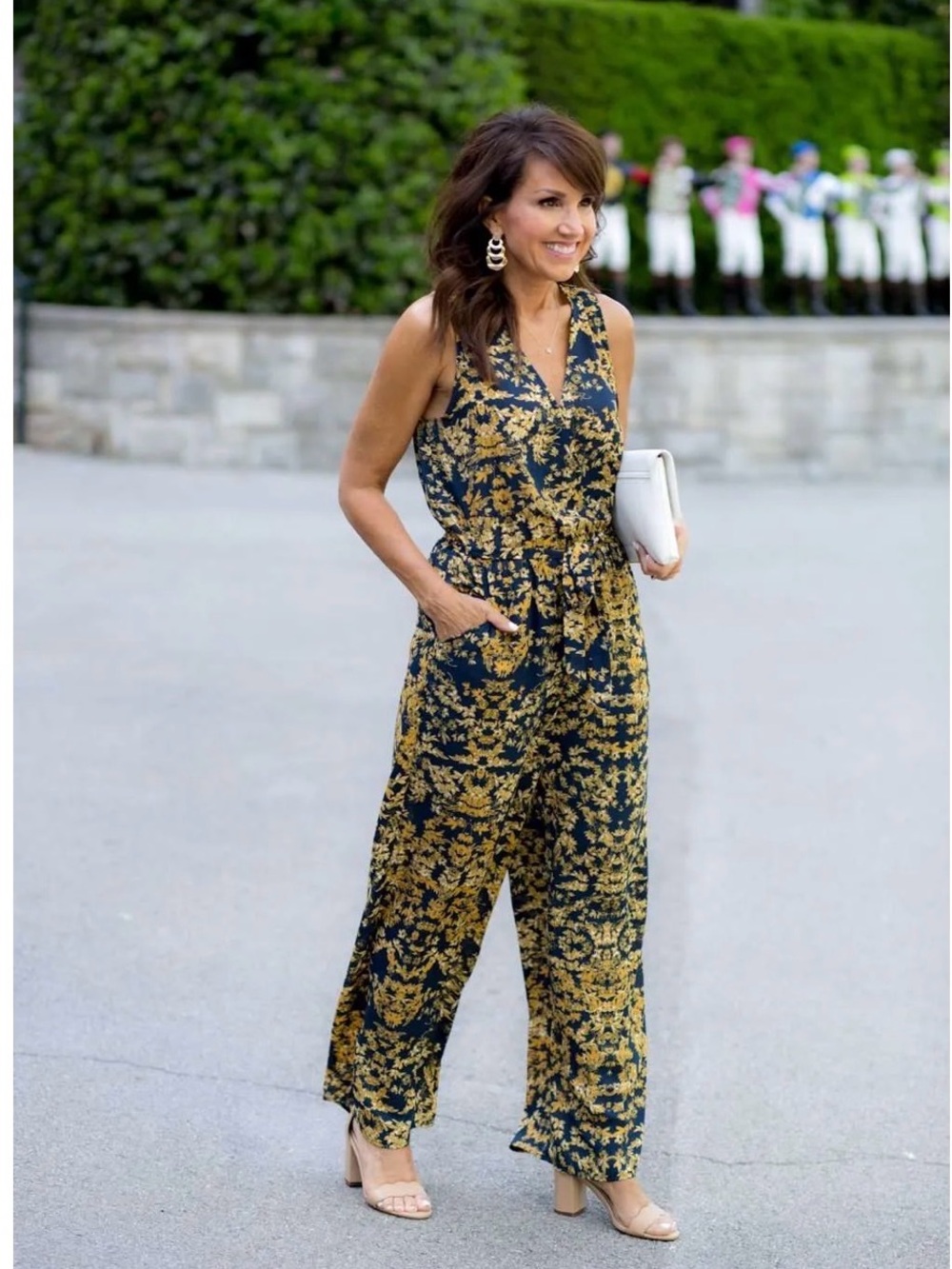 Collective Concepts Navy and Gold Floral Sleeveless Jumpsuit